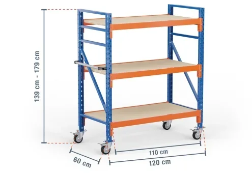 1,2 m rack de stockage mobile LR2000 / profondeur 60 cm / hauteur 1.390 – 1.790 mm / 3 niveaux / platelage Bois