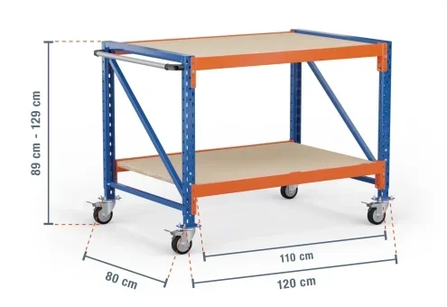 1,2 m table de travail mobile MFW1000-ATF / profondeur 80 cm / hauteur 890 – 1.290 mm / 2 niveaux / platelage Bois