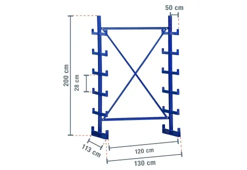 1,3 m rayonnage cantilever KR2500 / Peint / Bilatéral / hauteur 2 m / 5 niveaux / 50 cm cantilever profondeur