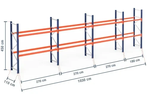 10,3 m rayonnage à palettes PR9000 / profondeur 110 cm / hauteur 4,5 m / 2 niveaux pour 33 palettes europe