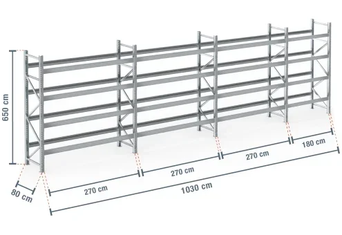 10,3 m rayonnage à palettes PR9000F galvanisé / profondeur 80 cm / hauteur 6,5 m / 4 niveaux pour 55 palettes europe