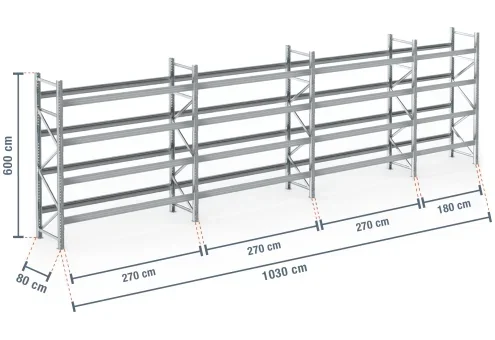 10,3 m rayonnage à palettes PR9000F galvanisé / profondeur 80 cm / hauteur 6 m / 4 niveaux pour 55 palettes europe