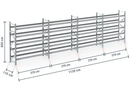 11,3 m rayonnage à palettes PR9000F galvanisé / profondeur 110 cm / hauteur 6,5 m / 5 niveaux pour 72 palettes europe