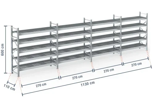 11,3 m rayonnage à palettes PR9000F galvanisé / profondeur 110 cm / hauteur 6 m / 5 niveaux / platelage Grillage