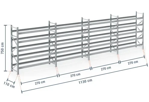 11,3 m rayonnage à palettes PR9000F galvanisé / profondeur 110 cm / hauteur 7,5 m / 5 niveaux pour 72 palettes europe