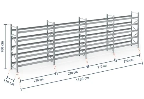 11,3 m rayonnage à palettes PR9000F galvanisé / profondeur 110 cm / hauteur 7 m / 5 niveaux pour 72 palettes europe
