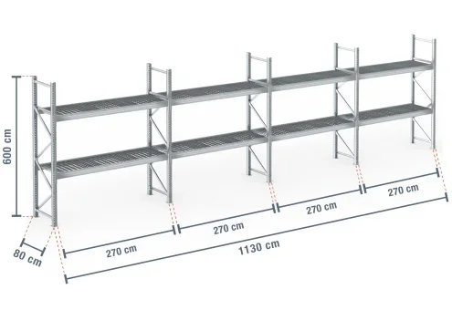 11,3 m rayonnage à palettes PR9000F galvanisé / profondeur 80 cm / hauteur 6 m / 2 niveaux / platelage Grillage