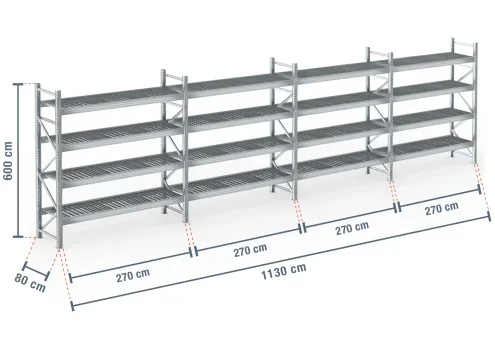 11,3 m rayonnage à palettes PR9000F galvanisé / profondeur 80 cm / hauteur 6 m / 4 niveaux / platelage Grillage