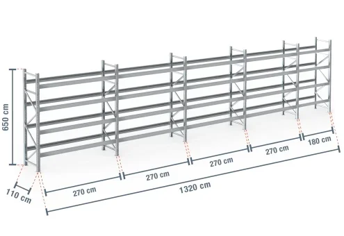 13,2 m rayonnage à palettes PR9000F galvanisé / profondeur 110 cm / hauteur 6,5 m / 4 niveaux pour 70 palettes europe
