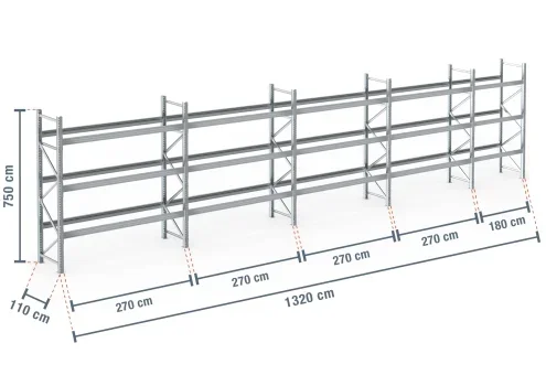 13,2 m rayonnage à palettes PR9000F galvanisé / profondeur 110 cm / hauteur 7,5 m / 3 niveaux pour 56 palettes europe