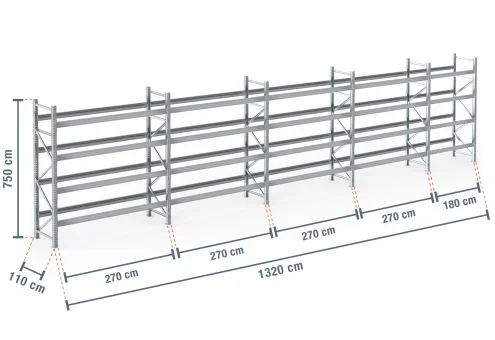 13,2 m rayonnage à palettes PR9000F galvanisé / profondeur 110 cm / hauteur 7,5 m / 4 niveaux pour 70 palettes europe