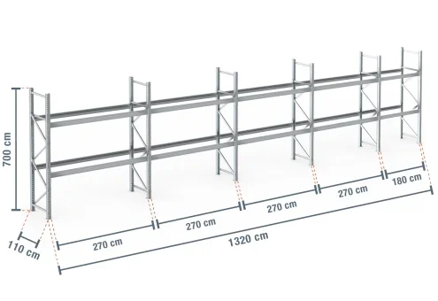 13,2 m rayonnage à palettes PR9000F galvanisé / profondeur 110 cm / hauteur 7 m / 2 niveaux pour 42 palettes europe