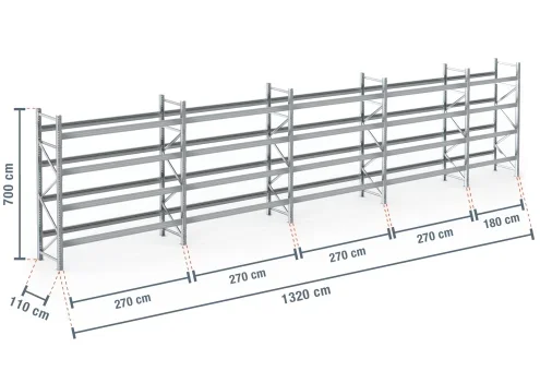 13,2 m rayonnage à palettes PR9000F galvanisé / profondeur 110 cm / hauteur 7 m / 4 niveaux pour 70 palettes europe