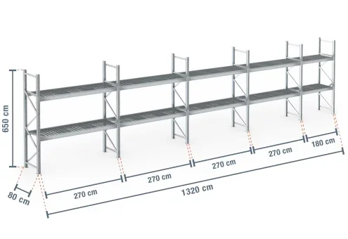 13,2 m rayonnage à palettes PR9000F galvanisé / profondeur 80 cm / hauteur 6,5 m / 2 niveaux / platelage Grillage