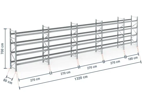 13,2 m rayonnage à palettes PR9000F galvanisé / profondeur 80 cm / hauteur 7 m / 4 niveaux pour 70 palettes europe