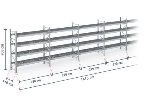 14,1 m rayonnage à palettes PR9000F galvanisé / profondeur 110 cm / hauteur 7 m / 4 niveaux / platelage Grillage