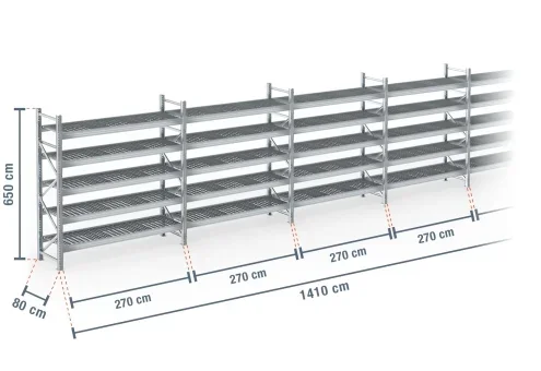 14,1 m rayonnage à palettes PR9000F galvanisé / profondeur 80 cm / hauteur 6,5 m / 5 niveaux / platelage Grillage