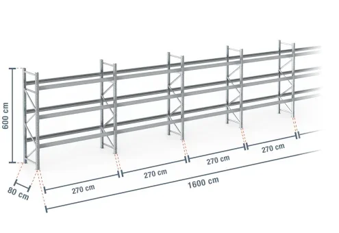16 m rayonnage à palettes PR9000F galvanisé / profondeur 80 cm / hauteur 6 m / 3 niveaux pour 68 palettes europe