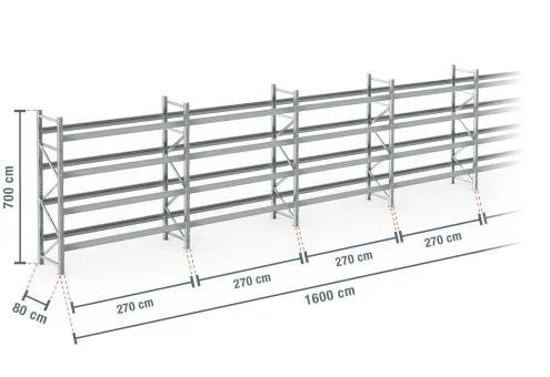 16 m rayonnage à palettes PR9000F galvanisé / profondeur 80 cm / hauteur 7 m / 4 niveaux pour 85 palettes europe