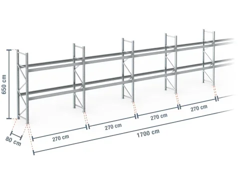 17 m rayonnage à palettes PR9000F galvanisé / profondeur 80 cm / hauteur 6,5 m / 2 niveaux pour 54 palettes europe