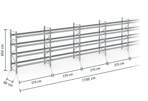 17 m rayonnage à palettes PR9000F galvanisé / profondeur 80 cm / hauteur 6,5 m / 4 niveaux pour 90 palettes europe