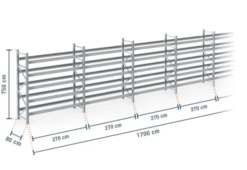 17 m rayonnage à palettes PR9000F galvanisé / profondeur 80 cm / hauteur 7,5 m / 5 niveaux pour 108 palettes europe