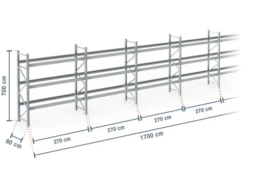 17 m rayonnage à palettes PR9000F galvanisé / profondeur 80 cm / hauteur 7 m / 3 niveaux pour 72 palettes europe