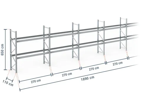 18,9 m rayonnage à palettes PR9000F galvanisé / profondeur 110 cm / hauteur 6,5 m / 2 niveaux pour 60 palettes europe