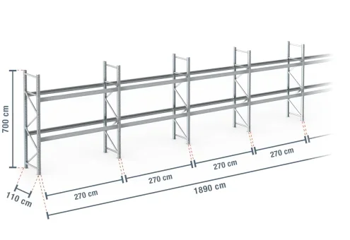 18,9 m rayonnage à palettes PR9000F galvanisé / profondeur 110 cm / hauteur 7 m / 2 niveaux pour 60 palettes europe