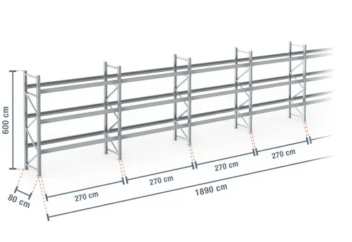 18,9 m rayonnage à palettes PR9000F galvanisé / profondeur 80 cm / hauteur 6 m / 3 niveaux pour 80 palettes europe