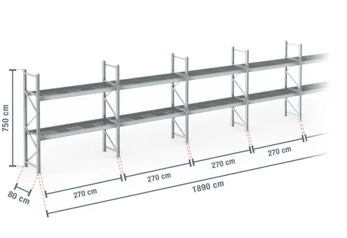 18,9 m rayonnage à palettes PR9000F galvanisé / profondeur 80 cm / hauteur 7,5 m / 2 niveaux / platelage Grillage