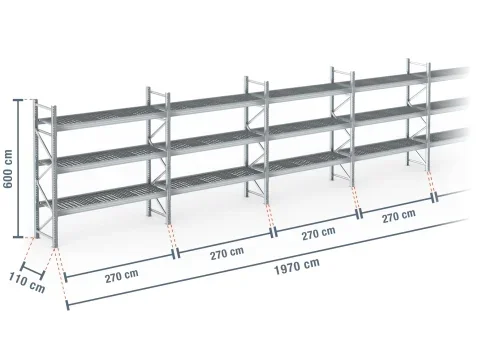 19,7 m rayonnage à palettes PR9000F galvanisé / profondeur 110 cm / hauteur 6 m / 3 niveaux / platelage Grillage