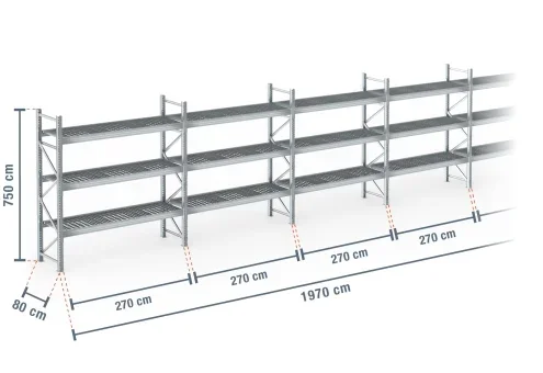 19,7 m rayonnage à palettes PR9000F galvanisé / profondeur 80 cm / hauteur 7,5 m / 3 niveaux / platelage Grillage