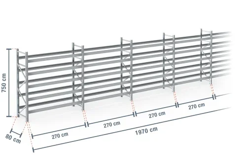 19,7 m rayonnage à palettes PR9000F galvanisé / profondeur 80 cm / hauteur 7,5 m / 5 niveaux pour 126 palettes europe