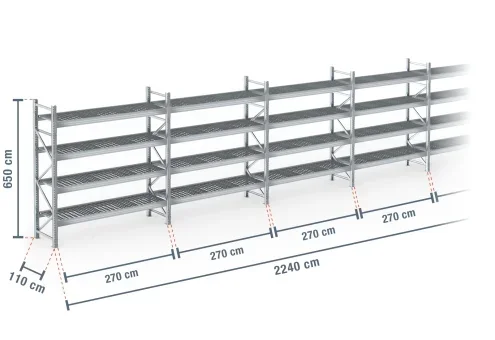 22,4 m rayonnage à palettes PR9000F galvanisé / profondeur 110 cm / hauteur 6,5 m / 4 niveaux / platelage Grillage
