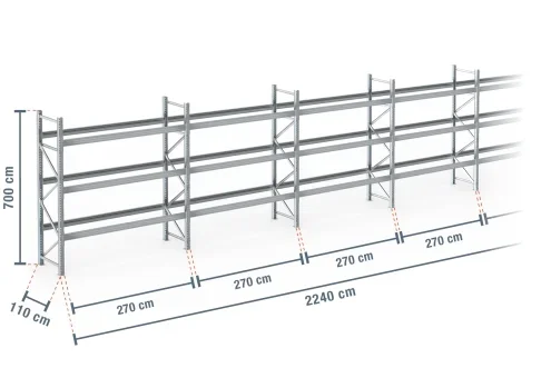 22,4 m rayonnage à palettes PR9000F galvanisé / profondeur 110 cm / hauteur 7 m / 3 niveaux pour 96 palettes europe