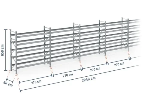 22,4 m rayonnage à palettes PR9000F galvanisé / profondeur 80 cm / hauteur 6,5 m / 5 niveaux pour 144 palettes europe