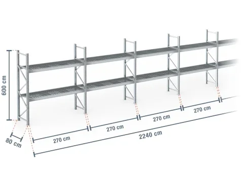 22,4 m rayonnage à palettes PR9000F galvanisé / profondeur 80 cm / hauteur 6 m / 2 niveaux / platelage Grillage