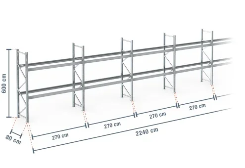 22,4 m rayonnage à palettes PR9000F galvanisé / profondeur 80 cm / hauteur 6 m / 2 niveaux pour 72 palettes europe