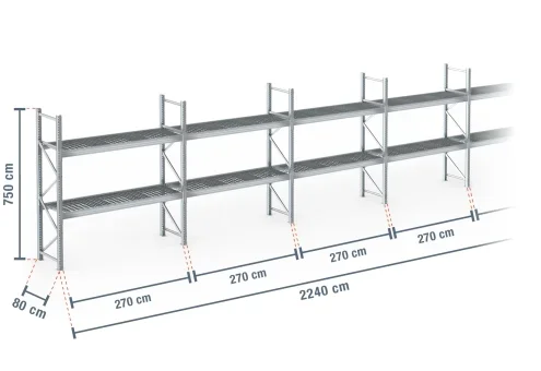 22,4 m rayonnage à palettes PR9000F galvanisé / profondeur 80 cm / hauteur 7,5 m / 2 niveaux / platelage Grillage
