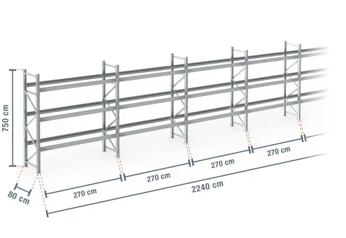 22,4 m rayonnage à palettes PR9000F galvanisé / profondeur 80 cm / hauteur 7,5 m / 3 niveaux pour 96 palettes europe