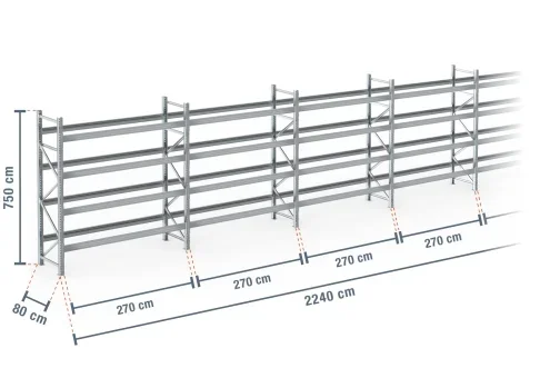 22,4 m rayonnage à palettes PR9000F galvanisé / profondeur 80 cm / hauteur 7,5 m / 4 niveaux pour 120 palettes europe