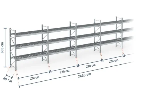 24,3 m rayonnage à palettes PR9000F galvanisé / profondeur 80 cm / hauteur 6 m / 3 niveaux / platelage Grillage