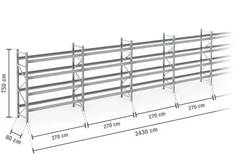 24,3 m rayonnage à palettes PR9000F galvanisé / profondeur 80 cm / hauteur 7,5 m / 4 niveaux pour 130 palettes europe
