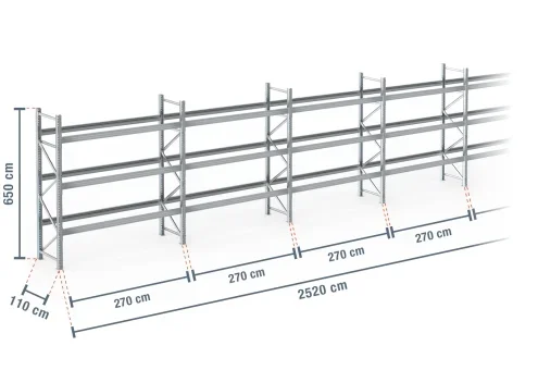 25,2 m rayonnage à palettes PR9000F galvanisé / profondeur 110 cm / hauteur 6,5 m / 3 niveaux pour 108 palettes europe