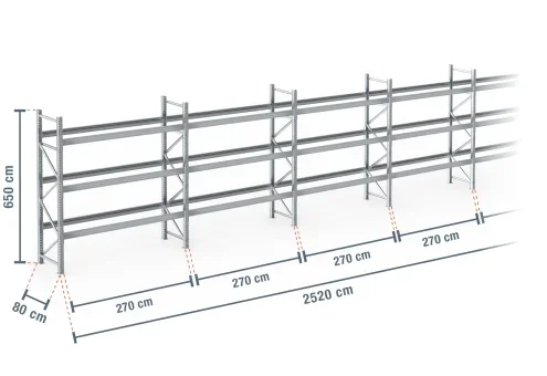 25,2 m rayonnage à palettes PR9000F galvanisé / profondeur 80 cm / hauteur 6,5 m / 3 niveaux pour 108 palettes europe