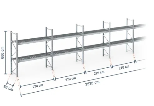 25,2 m rayonnage à palettes PR9000F galvanisé / profondeur 80 cm / hauteur 6 m / 2 niveaux / platelage Grillage