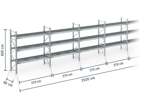 25,2 m rayonnage à palettes PR9000F galvanisé / profondeur 80 cm / hauteur 6 m / 3 niveaux / platelage Grillage