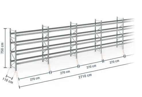 27,1 m rayonnage à palettes PR9000F galvanisé / profondeur 110 cm / hauteur 7,5 m / 4 niveaux pour 145 palettes europe