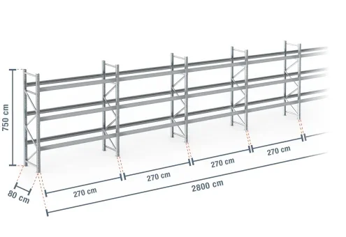 28 m rayonnage à palettes PR9000F galvanisé / profondeur 80 cm / hauteur 7,5 m / 3 niveaux pour 120 palettes europe